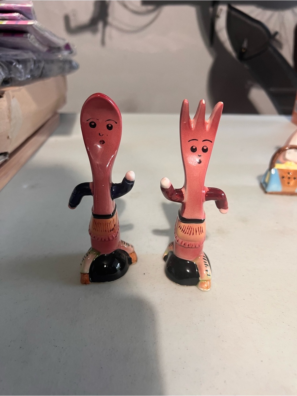 Vintage Ceramic Fork & Spoon Figurine Salt and Pepper Shakers - Pink